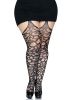 Scroll Lace Stocking With Attached Garter Belt -  1x/2x - Black