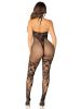 Seamless Net and Lace Lingerie Jumpsuit - With Keyhole Crossover Halter