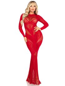 Lace and Net Body Con Gown - With Heart Keyhole Detail (Color: Red)