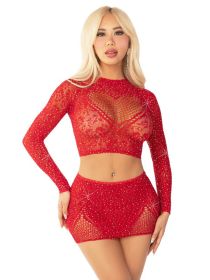 2pc Rhinestone Lace and Net Crop Top with - Heart Keyhole Mini Skirt (Color: Red)